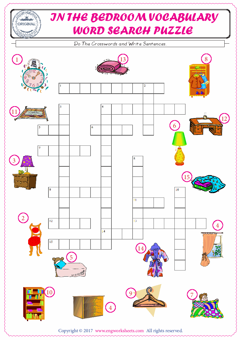  ESL printable worksheet for kids, supply the missing words of the crossword by using the Bedroom picture. 